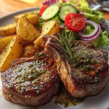 Herb butter lamb chops served with roasted potatoes and garden salad