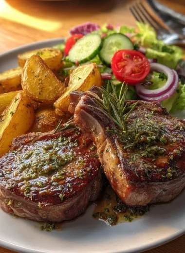 Herb butter lamb chops served with roasted potatoes and garden salad