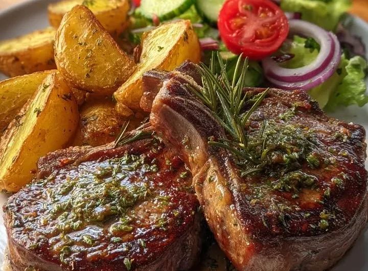 Herb butter lamb chops served with roasted potatoes and garden salad