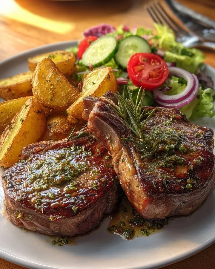 Herb Butter Lamb Chops with Roasted Potatoes & Garden Salad