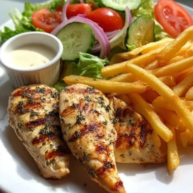 Delicious herb grilled chicken with crispy fries and a garden salad