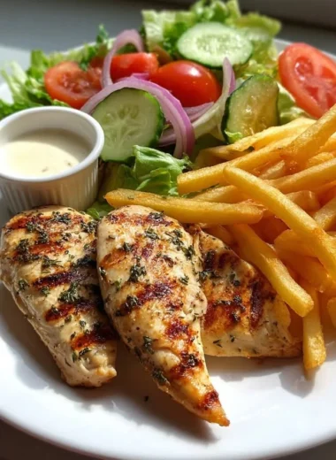 Delicious herb grilled chicken with crispy fries and a garden salad