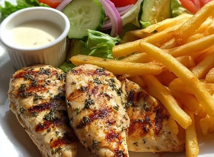 Delicious herb grilled chicken with crispy fries and a garden salad