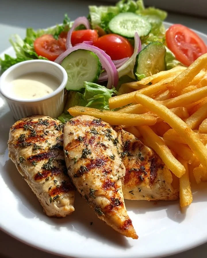 Delicious herb grilled chicken with crispy fries and a garden salad