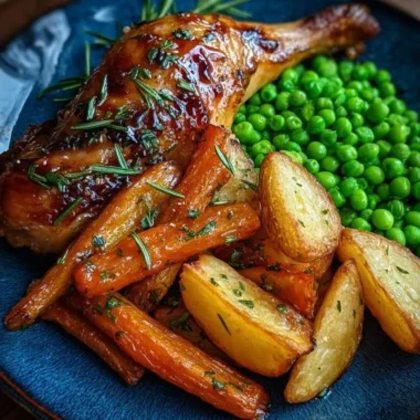 Herb roasted chicken leg quarter served with baby potatoes, honey carrots, and peas