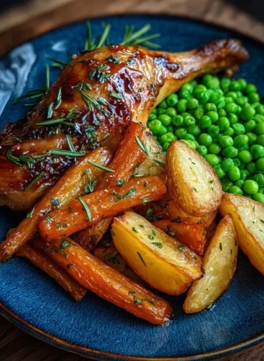 Herb roasted chicken leg quarter served with baby potatoes, honey carrots, and peas