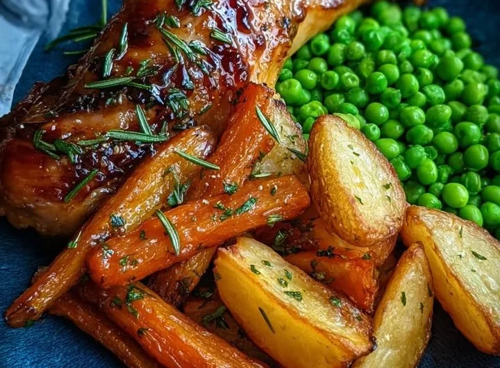 Herb roasted chicken leg quarter served with baby potatoes, honey carrots, and peas