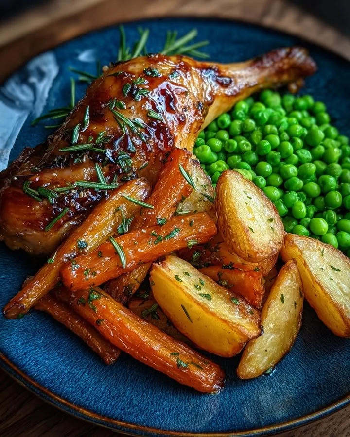 Herb roasted chicken leg quarter served with baby potatoes, honey carrots, and peas