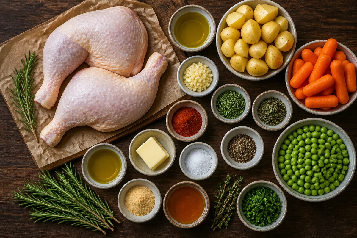 Herb Roasted Chicken Leg Quarter with Baby Potatoes, Honey Carrots & Peas