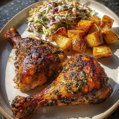 Herb Roasted Chicken leg quarters served with crispy potatoes and coleslaw.