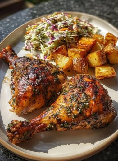 Herb Roasted Chicken leg quarters served with crispy potatoes and coleslaw.