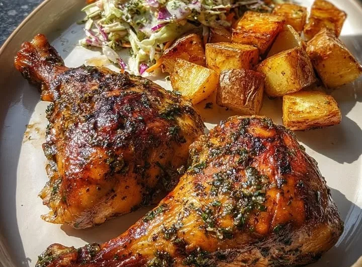 Herb Roasted Chicken leg quarters served with crispy potatoes and coleslaw.