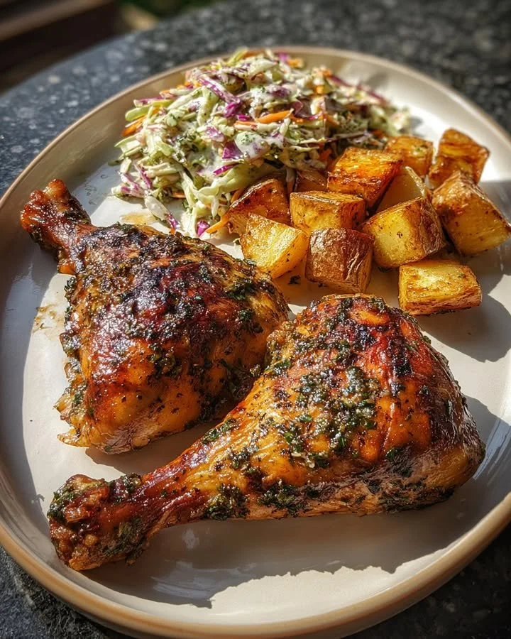 Herb Roasted Chicken Leg Quarters with Crispy Potatoes & Creamy Coleslaw