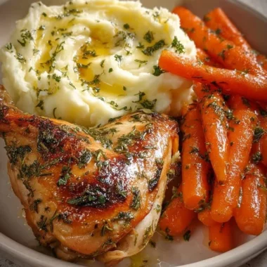 Herb Roasted Chicken plated with creamy mashed potatoes and honey glazed carrots.