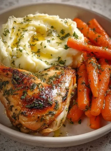 Herb Roasted Chicken plated with creamy mashed potatoes and honey glazed carrots.