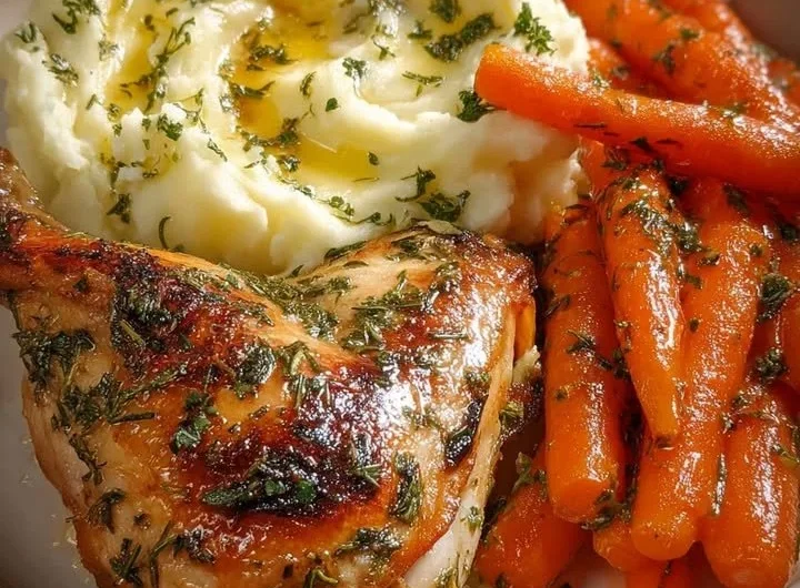 Herb Roasted Chicken plated with creamy mashed potatoes and honey glazed carrots.