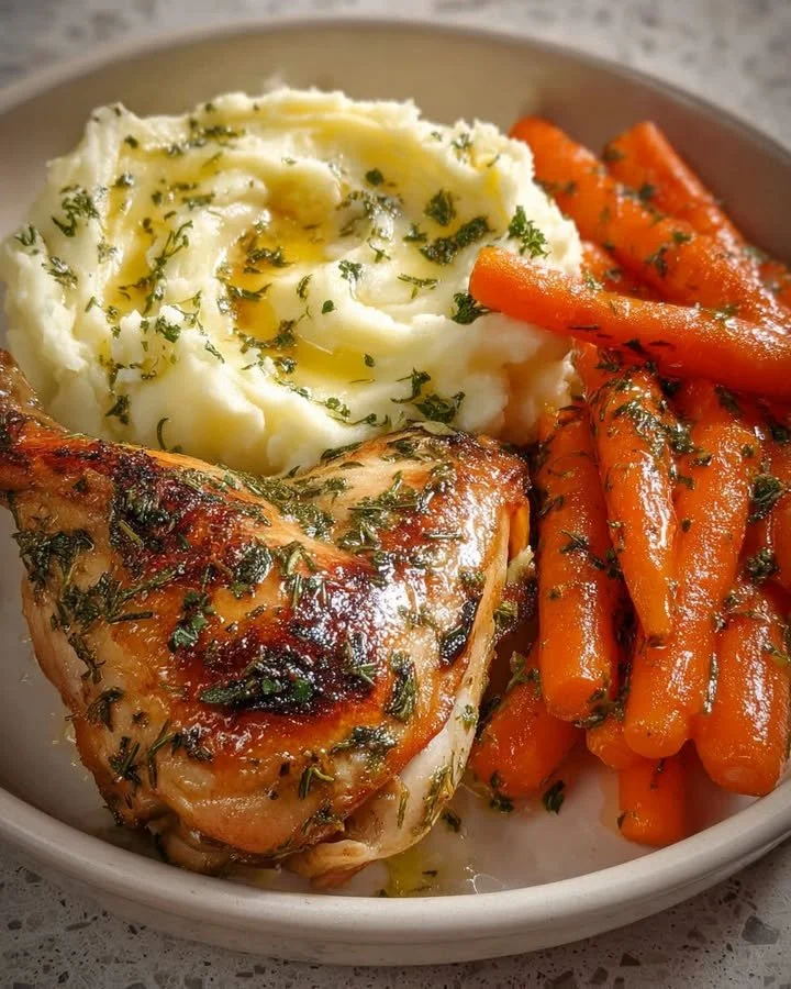 Herb Roasted Chicken with Creamy Mashed Potatoes & Honey Glazed Carrots