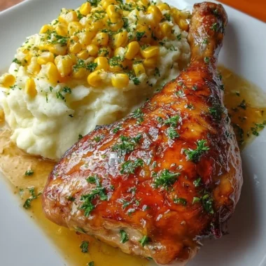 Honey Garlic Chicken leg quarter served with mashed potatoes and butter corn