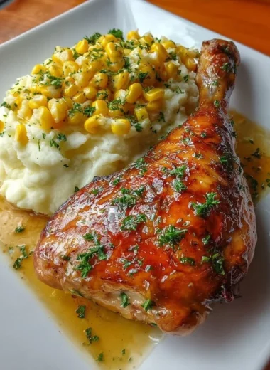 Honey Garlic Chicken leg quarter served with mashed potatoes and butter corn