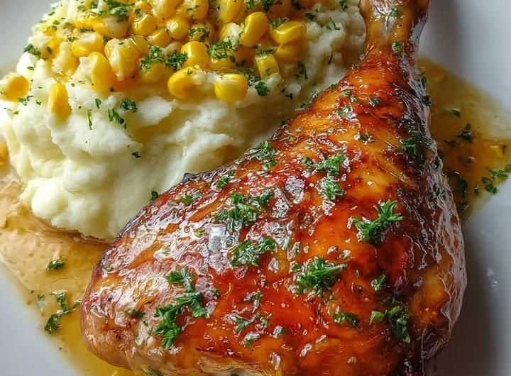 Honey Garlic Chicken leg quarter served with mashed potatoes and butter corn