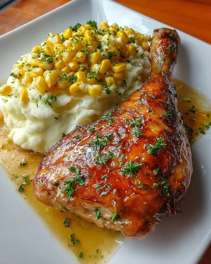 Honey Garlic Chicken Leg Quarter with Mashed Potatoes & Butter Corn