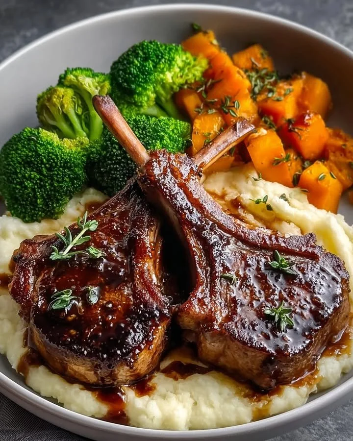 Honey garlic glazed lamb chops served with creamy mashed potatoes