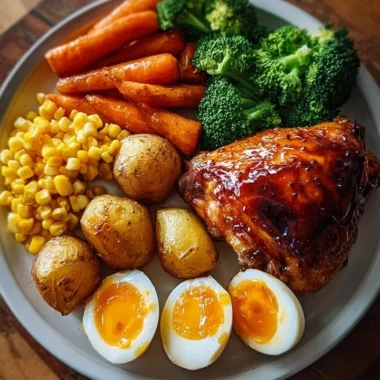 Honey glazed roast chicken served with fresh vegetables and eggs