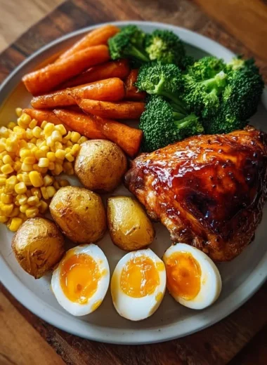 Honey glazed roast chicken served with fresh vegetables and eggs