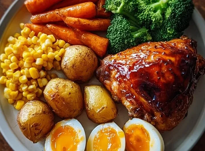 Honey glazed roast chicken served with fresh vegetables and eggs
