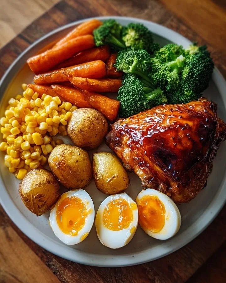 Honey Glazed Roast Chicken with Vegetables & Eggs