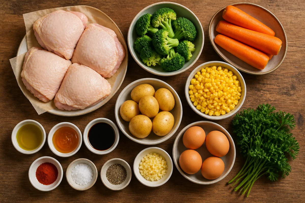 Honey Glazed Roast Chicken with Vegetables & Eggs