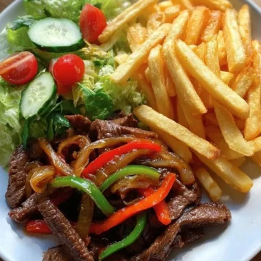 Pepper steak stir-fry with crispy fries and garden salad on a plate