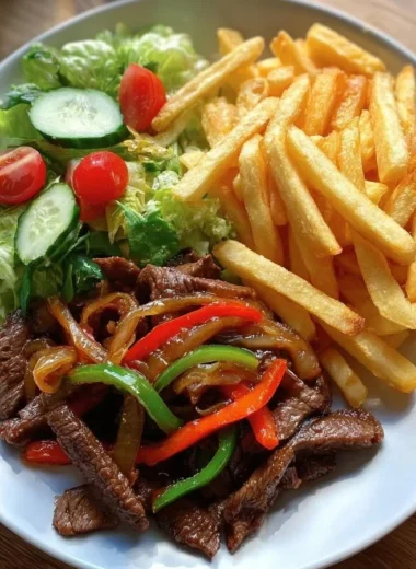 Pepper steak stir-fry with crispy fries and garden salad on a plate