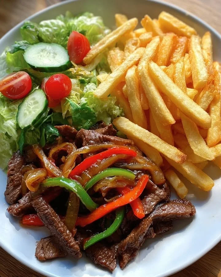 Pepper steak stir-fry with crispy fries and garden salad on a plate