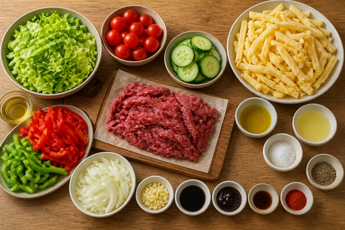 Pepper Steak Stir-Fry With Crispy Fries And Garden Salad