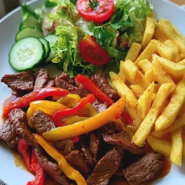 Pepper steak strips served with crispy fries and fresh garden salad