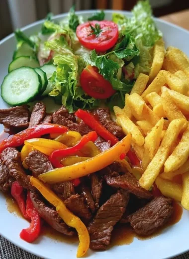 Pepper steak strips served with crispy fries and fresh garden salad