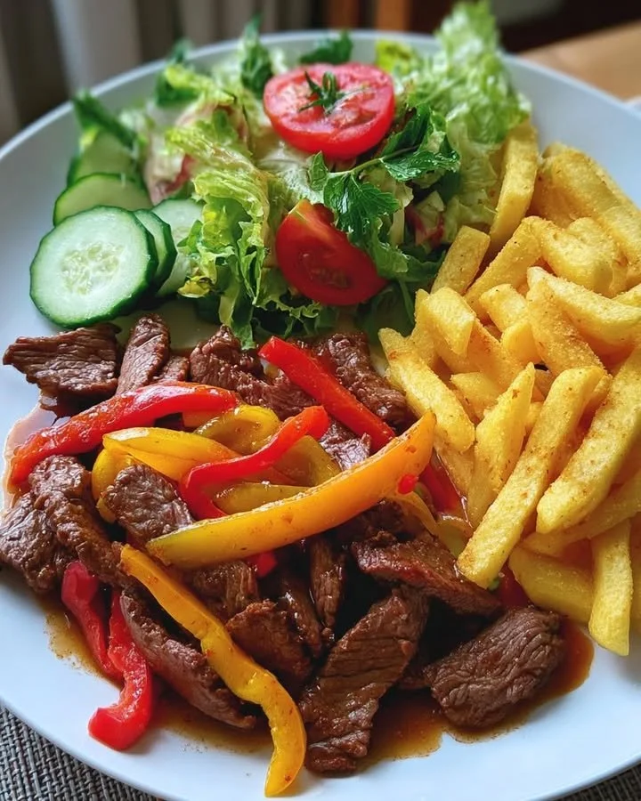 Pepper steak strips served with crispy fries and fresh garden salad