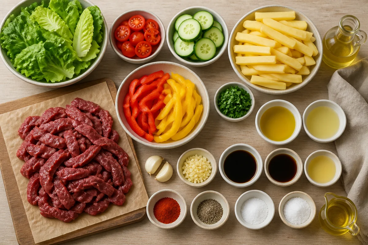 Pepper Steak Strips with Crispy Fries & Garden Salad