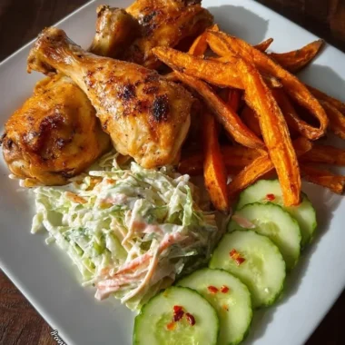 Roasted chicken drumsticks served with sweet potato fries and creamy coleslaw.