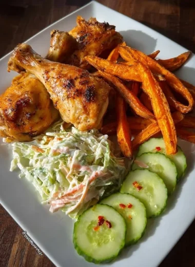 Roasted chicken drumsticks served with sweet potato fries and creamy coleslaw.