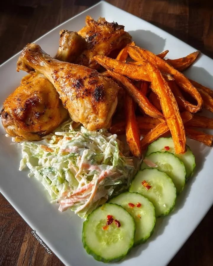 Roasted chicken drumsticks served with sweet potato fries and creamy coleslaw.