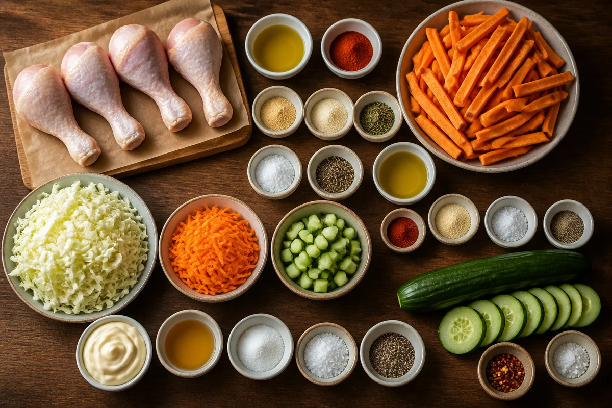 Roasted Chicken Drumsticks with Sweet Potato Fries & Creamy Coleslaw