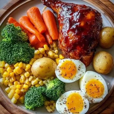 Smoky BBQ chicken leg quarter served with colorful veggies and fried eggs