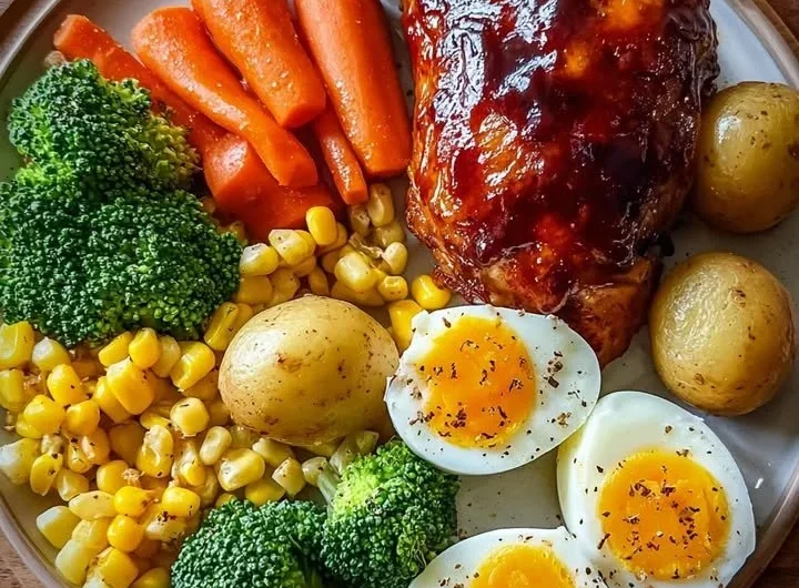 Smoky BBQ chicken leg quarter served with colorful veggies and fried eggs