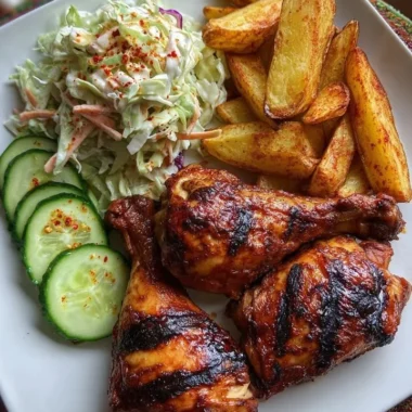 Smoky grilled chicken leg quarters served with potato wedges and creamy slaw