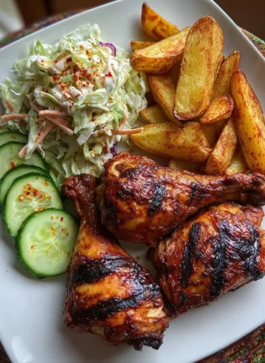 Smoky grilled chicken leg quarters served with potato wedges and creamy slaw