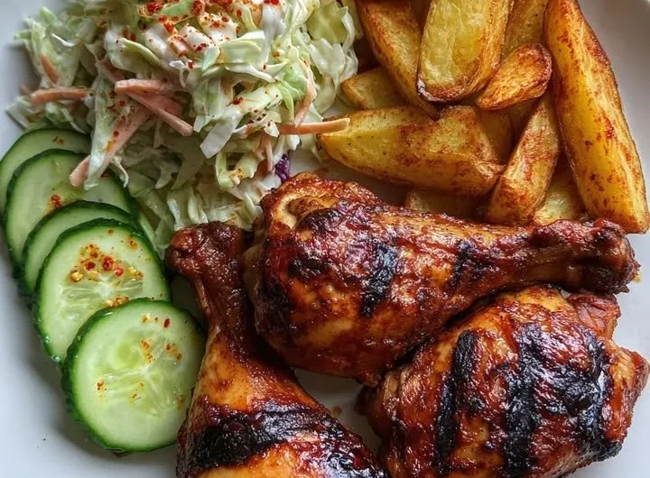Smoky grilled chicken leg quarters served with potato wedges and creamy slaw