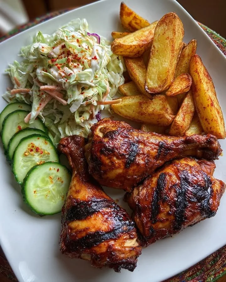 Smoky Grilled Chicken Leg Quarters with Potato Wedges & Creamy Slaw