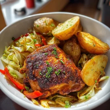 Delicious Smoky Paprika Chicken served with roasted potatoes and cabbage in a skillet
